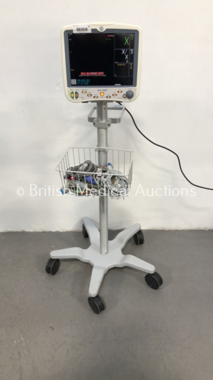 GE Dash 5000 Patient Monitor on Stand with BP1/3, BP2/4, SPO2, Temp/Co, NBP and ECG Options with Leads (Powers Up) *S/N SD009068124GA*