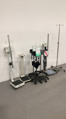 Mixed Lot Including 2 x Marsden Stand on Weighing Scales, 1 x Seca Stand on Weighing Scales, 4 x Blood Pressure Meters on Stands and 1 x Drips Stand