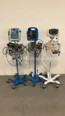 1 x GE Procare Auscultatory 300 Vital Signs Monitor on Stand with SPO2 Finger Sensor and BP Hose (Missing Front Case - No Power), 1 x Dinamap Compact TS Vital Signs Monitor on Stand with SPO2 Finger Sensor (Powers Up) and 1 x Welch Allyn 53N00 Vital Signs