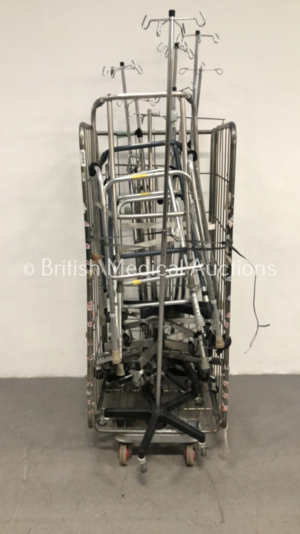 Cage of 11 x Drip Stands and 3 x Zimmer Frames (Cage Not Included)