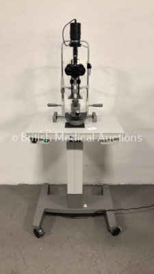 Haag Streit BQ 900 Slit Lamp with 2 x 12,5x Eyepieces on Electric Table (Powers Up with Good Bulb)