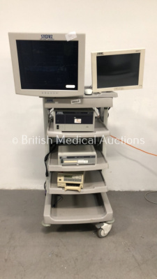 Storz Stack Trolley with Storz Monitor, Storz 200903 31 Touch Screen Monitor, Storz 200960 20 AIDA Control Unit, Storz 200910 32 SCB Medical Control Unit and Sony UP-21MD Colour Video Printer (Powers Up - Missing 1 x Wheel)