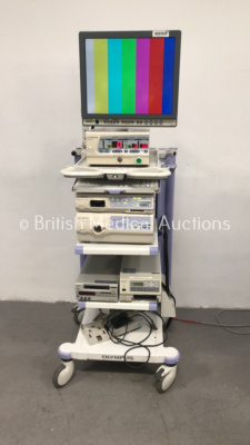 Olympus Stack Trolley with Olympus OEV191H Monitor, Olympus OES UHI-3 Insufflator, Olympus Evis Exera II CV-180 Camera Control Unit, Olympus Evis Exera CLV-180 Light Source, Sony DSR-20MDP Video Cassette Recorder and Sony UP-21MD Colour Video Printer (Pow