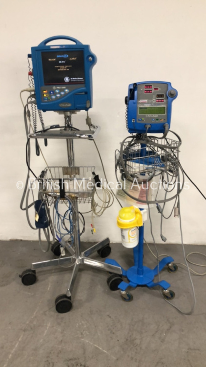 1 x GE Pro 1000 Vital Signs Monitor on Stand with SPO2 Finger Sensor and BP Hose (Missing Dial - See Pictures) and 1 x GE Pro 400 Vital Signs Monitor on Stand with SPO2 Finger Sensor and BP Hose (Both Power Up)