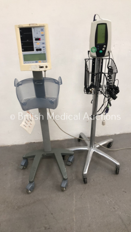 1 x Welch Allyn 420 Series Patient Monitor on Stand with SPO2 Finger Sensor and BP Hose and 1 x Datascope Accutorr Plus Vital Signs Monitor on Stand (Both Power Up) (RI)