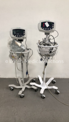 2 x Welch Allyn 53NT0 Vital Signs Monitors on Stands with Selection of Cables (1 x Powers Up - 1 x Damaged Mounting Support - See Pictures)