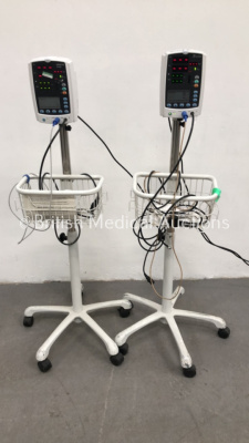 2 x Mindray VS-800 Vital Signs Monitors on Stands with SPO2 Finger Sensors and BP Hoses (Both Power Up)