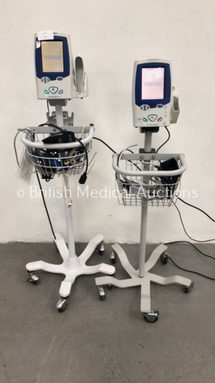 2 x Welch Allyn SPOt Vital Signs LXi Vital Signs Monitors on Stands with Selection of Hoses (Both Power Up)