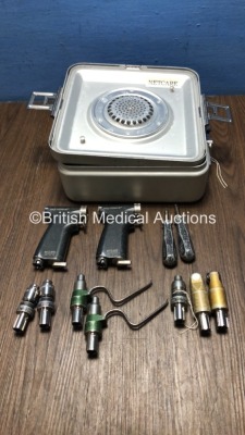 2 x deSoutter Medical Multi Drive MPZ-400 Handpieces with 2 x deSoutter DZ-400 Drill Attachments, 2 x deSoutter WZ-400 Wire Drivers, 2 x Sagittal Saw Attachments and 2 x deSoutter Medical Blade Wrenches in Metal Tray