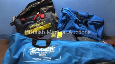 Mixed Lot Including 1 x Sager Emergency Traction Splint, 3 x Evac U Splint Vacuum Mattresses and 2 x Carry Bags