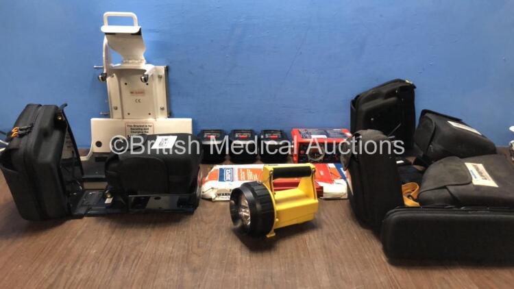 Mixed Lot Including 1 x Dlouhy Lifepak 15 Bracket, 3 x Stryker 6500-101-010 Batteries with 1 x Stryker SMRT Battery Charger, 1 x Vulcan Flashlight, 1 x Draper Warning Triangle, 1 x paraPAC 200D Ventilator and 3 x Lifepak 15 Carry Cases *162378 / 16161 / 1