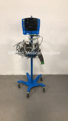 GE Carescape V100 Vital Signs Monitor on Stand with SPO2 Finger Sensor and 3 x BP Cuffs (Unable to Power Test Due to No Power) *S/N SDT10470688SA*