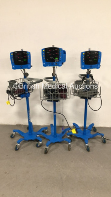 3 x GE Carescape V100 Vital Signs Monitors on Stands with Selection of Cables (All Power Up)