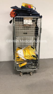 Cage of Mixed Consumables / Equipment Including Suction Pumps, Banana Boards, Splints and Printer (Cage Not Included)