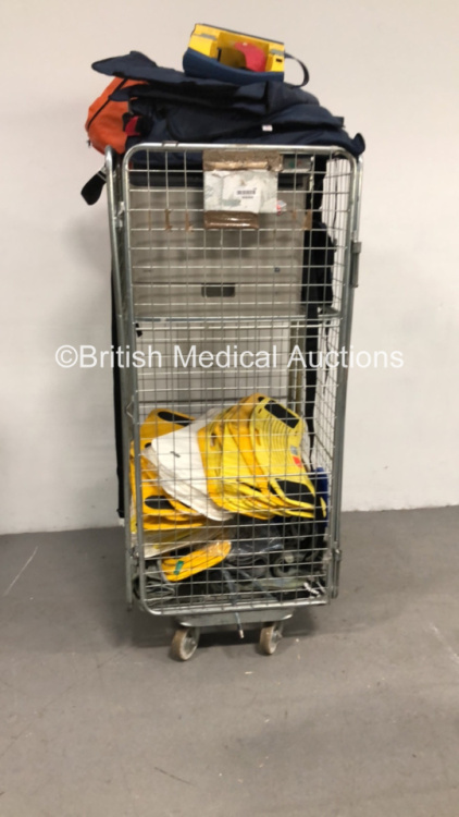 Cage of Mixed Consumables / Equipment Including Suction Pumps, Banana Boards, Splints and Printer (Cage Not Included)