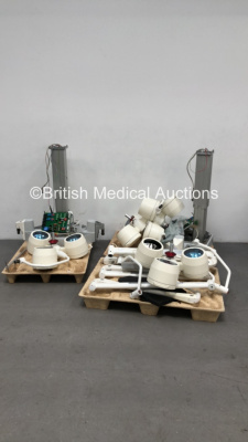4 x Brandon Medical Triple Ceiling Mounted Operating Lights with 2 x Base Units and Arms (1 x Glass Cover Missing) *S/N NA*