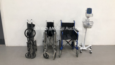 3 x Manual Wheelchairs and 1 x Welch Allyn SPOT LXi Vital Signs Monitor on Stand with SPO2 Finger Sensor and BP Hose (Not Power Tested Due to No Power Supply)