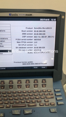 SonoSite MicroMaxx Portable Ultrasound Machine Ref P08840-20 *S/N WK03T1* **Mfd 06/2010** Boot Version 30.80.306.030 ARM Version 30.80.306.030 with 2 x Transducers / Probes (C60e-5-2 MHz Ref P07633-30 *Mfd 07/2012* and ICT/8-5 MHz Ref P04538-16 *Mfd 11/20 - 6