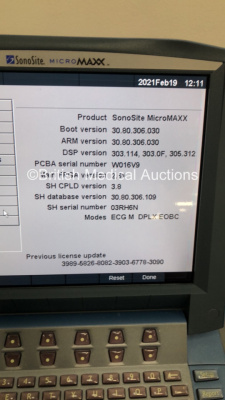 SonoSite MicroMaxx Portable Ultrasound Machine Ref P08840-20 *S/N WK03T1* **Mfd 06/2010** Boot Version 30.80.306.030 ARM Version 30.80.306.030 with 2 x Transducers / Probes (C60e-5-2 MHz Ref P07633-30 *Mfd 07/2012* and ICT/8-5 MHz Ref P04538-16 *Mfd 11/20 - 10