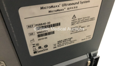SonoSite MicroMaxx Portable Ultrasound Machine Ref P08840-20 *S/N WK03T1* **Mfd 06/2010** Boot Version 30.80.306.030 ARM Version 30.80.306.030 with 2 x Transducers / Probes (C60e-5-2 MHz Ref P07633-30 *Mfd 07/2012* and ICT/8-5 MHz Ref P04538-16 *Mfd 11/20 - 11