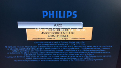 Philips IU22 Flat Screen Ultrasound Scanner Rev F1 *S/N 034VVX* **Mfd 01/2009** Software Version 5.0.1.139 (Powers Up ) - 5