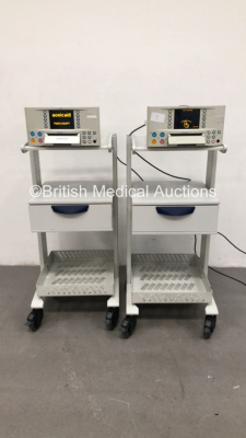 2 x Huntleigh Sonicaid FM800 Fetal Monitors on Stands (Both Power Up) *S/N 739AX0230137-07 / 739AX0230136-07