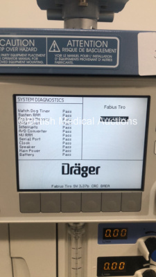 Drager Fabius Tiro Anaesthesia Machine Software Version 3.37b Total Hours Run 179630 Ventilator Hours 246 with Drager Scio Four Oxi Gas Module, Bellows and Hoses (Powers Up) *S/N ASAB-0143* **Mfd 2009** - 3