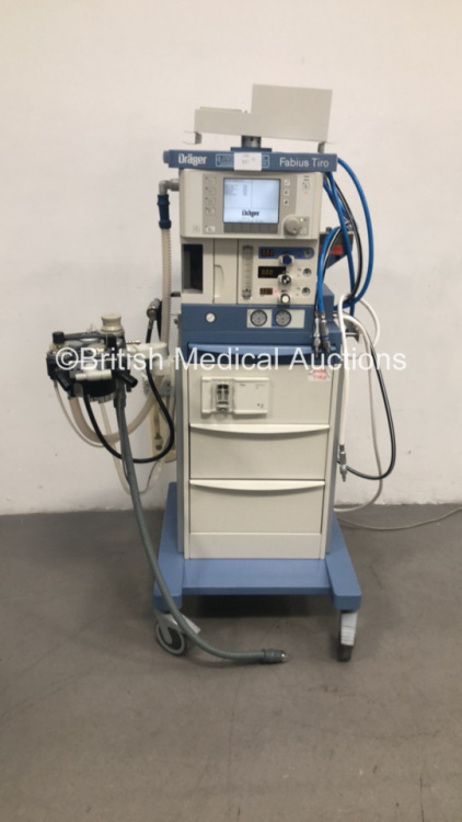 Drager Fabius Tiro Anaesthesia Machine Software Version 3.22 - Total Hours Run 40664 Ventilator Hours 489 with Drager Scio Four Oxi Gas Module, Bellows and Hoses (Powers Up) *S/N ASAD-0015* **Mfd 2009**