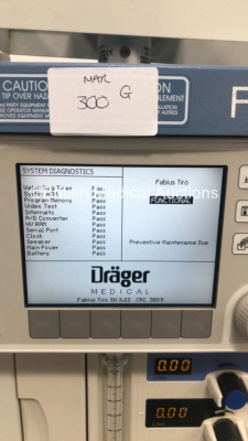 Drager Fabius Tiro Anaesthesia Machine Software Version 3.22 - Total Hours Run 40664 Ventilator Hours 489 with Drager Scio Four Oxi Gas Module, Bellows and Hoses (Powers Up) *S/N ASAD-0015* **Mfd 2009** - 2