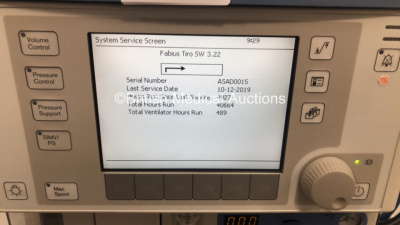 Drager Fabius Tiro Anaesthesia Machine Software Version 3.22 - Total Hours Run 40664 Ventilator Hours 489 with Drager Scio Four Oxi Gas Module, Bellows and Hoses (Powers Up) *S/N ASAD-0015* **Mfd 2009** - 6