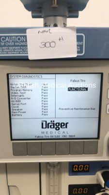 Drager Fabius Tiro Anaesthesia Machine Software Version 3.22 Total Hours Run 38179 Ventilator Hours 487 with Drager Scio Four Oxi Gas Module, Bellows and Hoses (Powers Up) *S/N ASAD-0011* **Mfd 2009** - 2