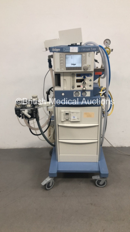 Drager Fabius Tiro Anaesthesia Machine Software Version 3.37b Total Hours Run 18765 Ventilator Hours 256 with Drager Scio Four Oxi Gas Module, Bellows and Hoses (Powers Up) *S/N ASAD-0012* **Mfd 2009**