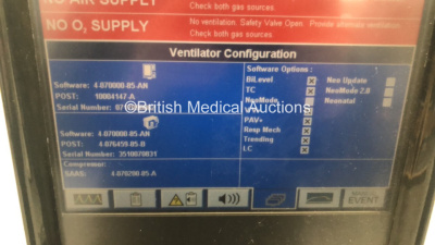 Nellcor Puritan Bennett 840 Ventilator System Software Version 4-070000-85-AN Running Hours 38240 with Armstrong Medical AquaVent Heater Humidifier on Nellcor Mobile Stand (Powers Up) * SN 07 170 90862 * - 4
