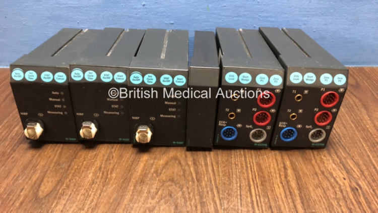 Job Lot Including 2 x M-ESTPR Module with T1,T2,ECG+Resp,P1,P2 and SpO2 Options, 3 x Datex-Ohmeda M-NIBP Modules and 1 x Blank Module *4909006 / 809360 / 4719661 / 4719663 / 4909154
