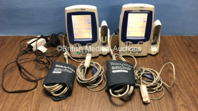 2 x Welch Allyn Spot Vital Signs LXi Monitors with 1 x Power Supply, 2 x BP Hoses and 2 x Cuffs with Leads (Both Power Up)