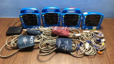 3 x GE Dinamap Procare and 1 x GE Carescape V100 Dinamap Vital Signs Monitors with 2 x Power Supplies, 4 x BP Hoses with Cuffs and 4 x SPO2 Leads with Sensors (All Power Up)