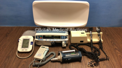 Mixed Lot Including 1 x Carefusion Alaris GH Syringe Pump (Powers Up) 1 x Welch Allyn 767 Transformer with 2 x Attachments (Damaged Cable - See Photo) 1 x DeSoutter Model CCB 96 Drill (No Battery) 1 x Huntleigh Sonicaid FD1 Fetal Doppler and 1 x Omron BP