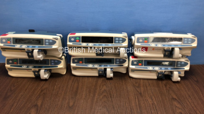 Job Lot of 6 x Alaris Syringe Pumps Including 4 x Cardinal Health GS, 1 X Carefusion CC and 1 x Cardinal Health GH (All Power Up) *800105389 / 80013UNO1 / 800216349 / 800113683 / 800316748 / 800107918*