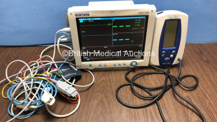 1 x Charter Kontron CK3100 Patient Monitor with T1, T2, ECG and NIBP, SPO2 Options with ECG Lead, BP Cuff and Finger Sensor (Powers Up) and 1 x Welch Allyn Spot Vital Signs Monitor (Powers Up)