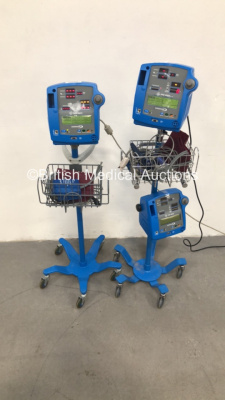 3 x GE Dinamap Pro 400V2 Patient Monitors on Stands with 3 x BP Hoses and 3 x Sp02 Finger Sensors (All Power Up) * SN AAX08240045SA / AAX08100216SA / AAX08090150SA* C4/14, C4/8, C4/12