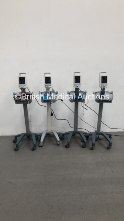 4 x Datascope Duo Patient Monitors on Stands with 4 x SpO2 Finger Sensors,4 x BP Hoses and 4 x BP Cuffs (All Power Up) * SN MD10342-D9 / MD09703-B9 / MD07234-A8 / MD07285-A8 *