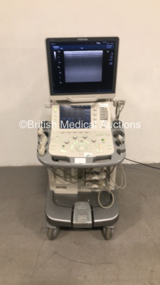 Toshiba Aplio 500 Flat Screen Ultrasound Scanner Model TUS-A500 Software Version AB_V3.00*R002 with 3 x Transducers/Probes (1 x PLT-1204BX * Mfd Feb 2009 *, 1 x PVT-375BT * Mfd June 2015 * and 1 x PLT-704SBT *) (Powers Up-See Photos for Air Scans - Missin