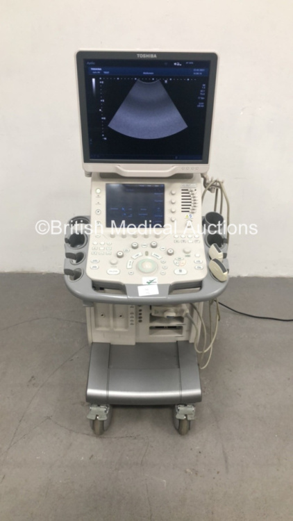 Toshiba Aplio 400 Flat Screen Ultrasound Scanner Model TUS-A400 Software Version AB_V3.00*R003 with 2 x Transducers/Probes (1 x PVT-375BT * Mfd Oct 2008 * and 1 x PLT-704AT * Mfd March 2007 *) (Powers Up-See Photos for Air Scans) * SN TDA1352035 * * Mfd M