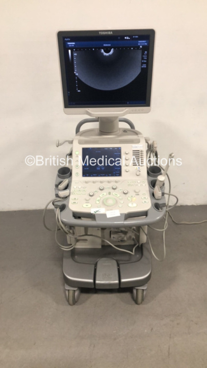 Toshiba Aplio 500 Flat Screen Ultrasound Scanner Model TUS-A500 Software Version AB_V3.00*R004 with 4 x Transducers/Probes (1 x Toshiba PVT-781VT * Mfd 2015 *, 1 x PLT-704SBT * Mfd 2018 *, 1 x PLT-1204BT * Mfd 2013 * and 1 x PLT-1005BT * Mfd 2019 *) (Powe