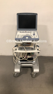 GE Vivid i Portable Flat Screen Ultrasound Scanner with 2 x Transducers/Probes (1 x 7S-RS * Mfd Feb 2008 * and 1 x 10S-RS * Mfd Oct 2006 *) with HP Printer on Vivid i Cart (Hard Drive Removed) * SN 003982VI *