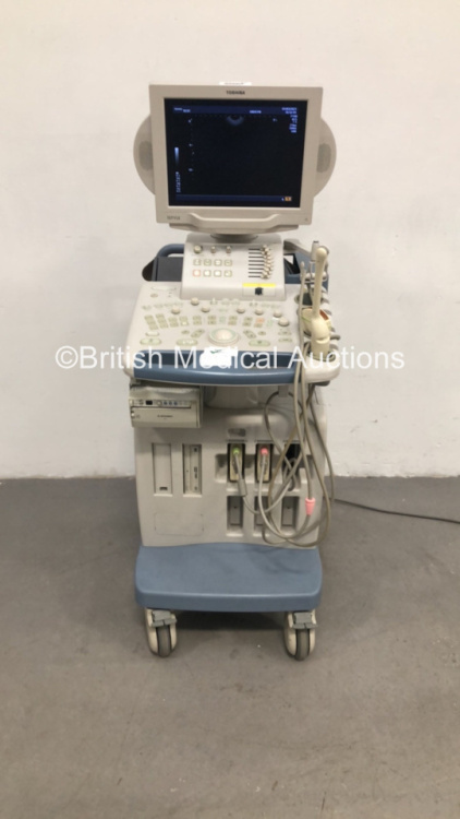 Toshiba iStyle Nemio XG Flat Screen Ultrasound Scanner Model SSA-580A with 2 x Transducers/Probes (1 x PVM-375AT * Mfd 2007 * and 1 x PVM-651VT * Mfd 2007 *) and Mitsubishi P93 Printer (Powers Up- See Photos for Air Scans) * SN E3D0784832 * * Mfd August 2