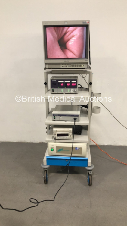 Storz Stack Trolley with Sony Trinitron Monitor,Storz 264305 20 Electronic Endoflator,Storz 202220 20 Tricam SL pal Camera Control Unit with 2 x Storz Tricam 20221030 PAL Camera Heads, Sony DVO-1000MD DVD Recorder and Toshiba CCD Camera Control Unit (Powe