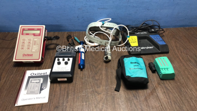 Mixed Lot Including 1 x Oxitest Pulse Oximeter Tester with 1 x AC Power Supply and 1 x Operator's Manual (No Power) 1 x Force Measurement Systems GM74-564 Load Indicator (Untested Due to No Batteries) 1 x Bedford piCO Smokerlyzer (Powers Up) 1 x Stryker R