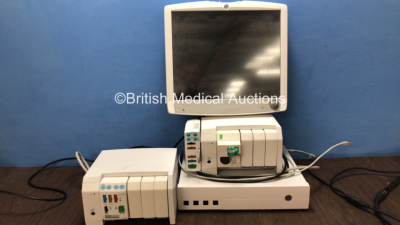 Job Lot Including 1 x GE Carescape B850 Monitor with 2 x Module Racks, 1 x GE E-PRESTN Module Including ECG, NIBP, SpO2, T1, T2, P1, P2 Options, 1 x Datex Ohmeda E-CO Gas Module with D-fend+ Water Trap, 1 x Datex Ohmeda E-PSMP-00 Module Including ECG, SpO