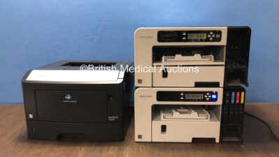 Job Lot of Printers Including 1 x Konica Minolta Bizhub 3300P Printer (Powers Up) 2 x Ricoh SG 2100N Printers (Both Power Up,1 with No Printer Cartridges-See Photo)